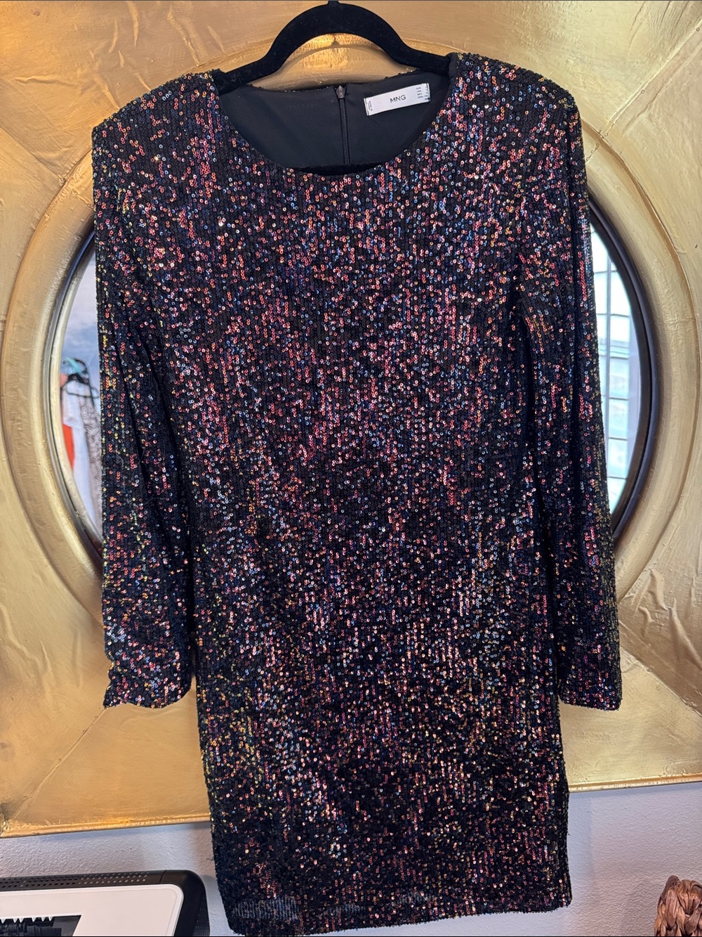 Mango Black Multicolor Sequin Long Sleeve Dress